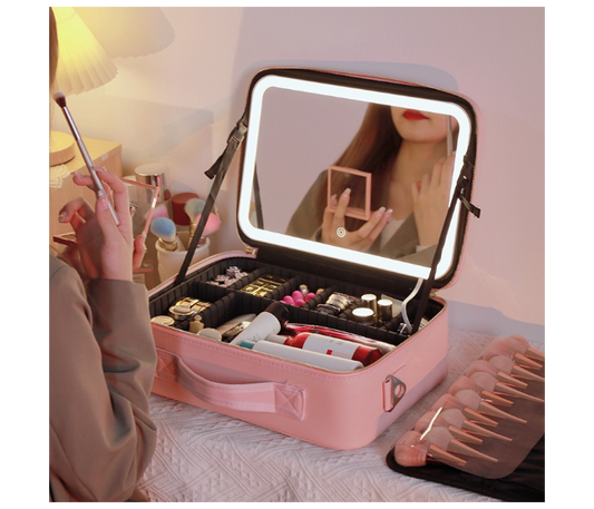 حقيبة مكياج للسفر مزودة بمرآة بإضاءة LED