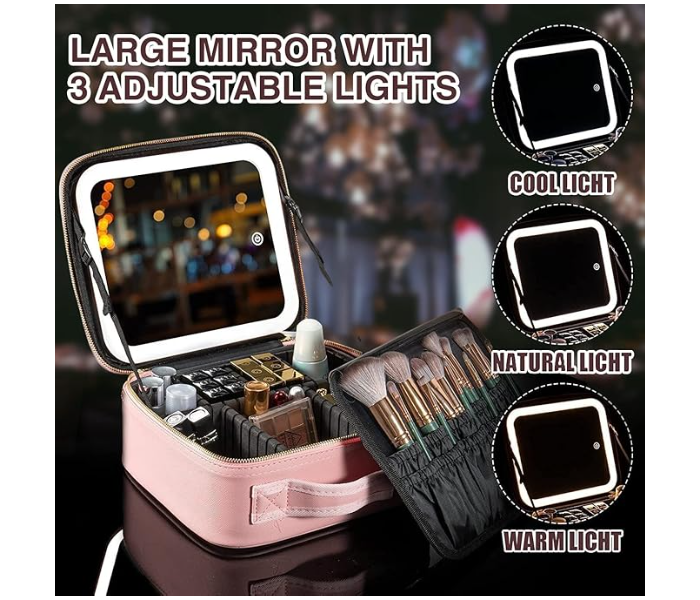 حقيبة مكياج للسفر مزودة بمرآة بإضاءة LED
